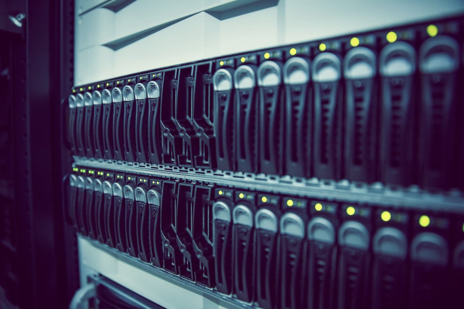 Close-up of rack-mounted server drive bays with status lights in a data center